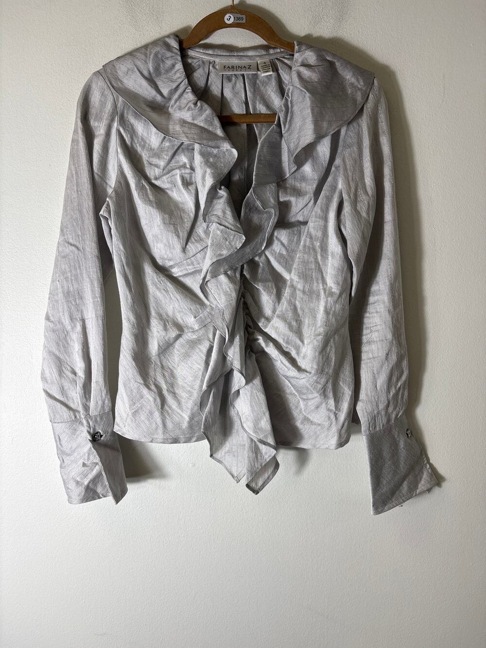 Farinaz Taghavi Silver Gray Long Sleeve Ruffle Cotton Shirt Sz 4